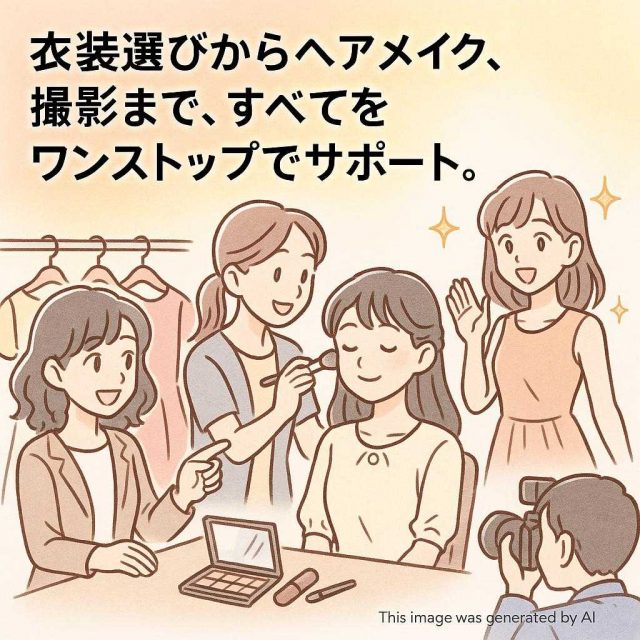 衣装選びからヘアメイク、撮影まで、すべてをワンストップでサポート。