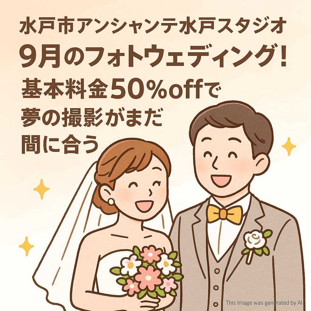 水戸市アンシャンテ水戸スタジオ 9月のフォトウェディング！基本料金50％offで夢の撮影がまだ間に合う