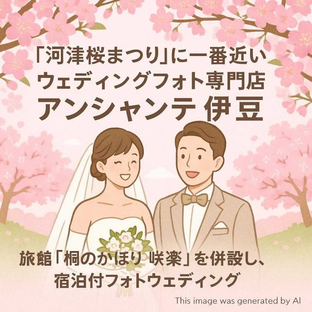 「河津桜まつり」に一番近い ウェディングフォト専門店 アンシャンテ伊豆 旅館「桐のかほり 咲楽」を併設し、宿泊付フォトウェディング