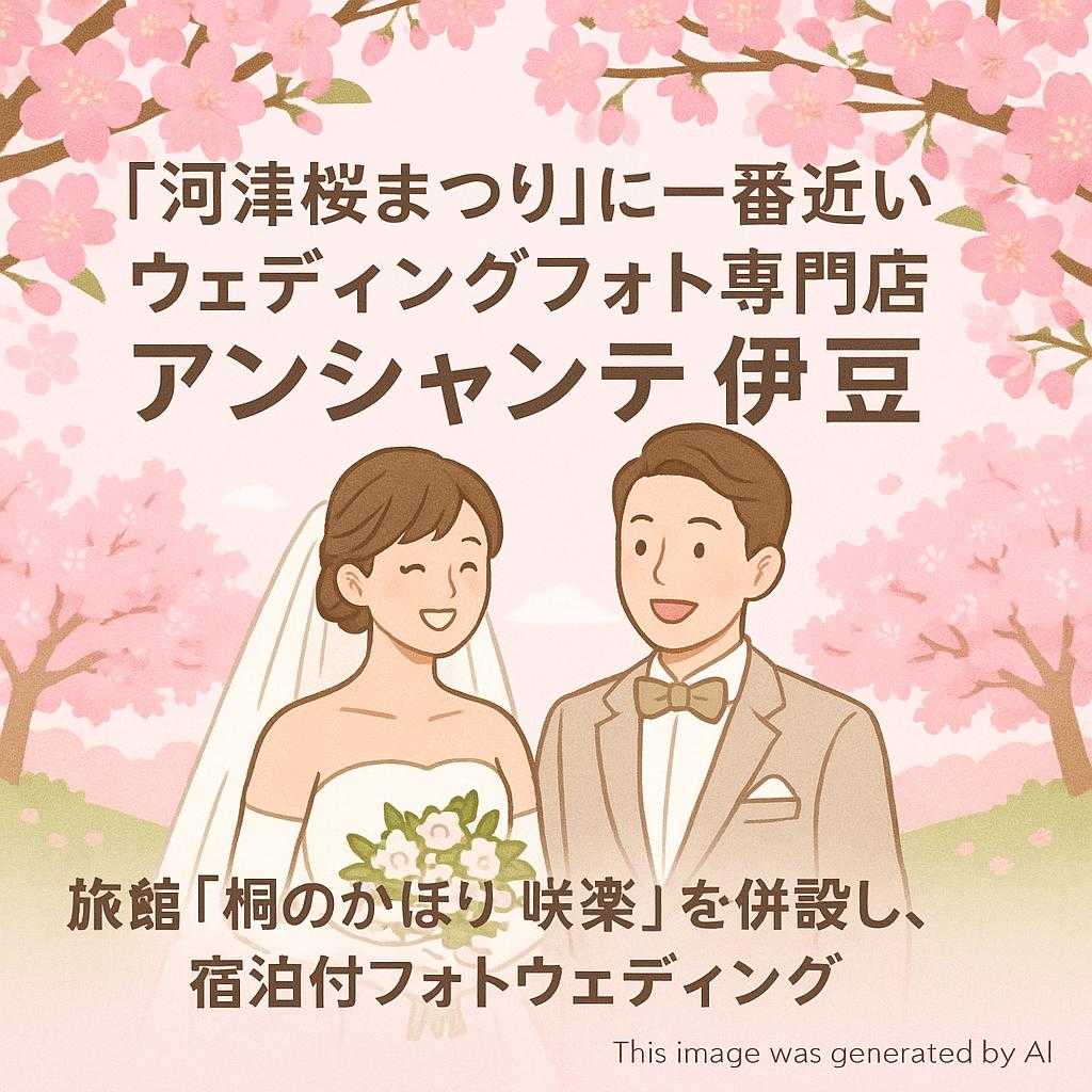 「河津桜まつり」に一番近い ウェディングフォト専門店 アンシャンテ伊豆 旅館「桐のかほり 咲楽」を併設し、宿泊付フォトウェディング