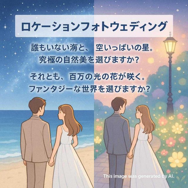 ロケーションフォトウェディング 誰もいない海と、空いっぱいの星。究極の自然美を選びますか？ それとも、百万の光の花が咲く。ファンタジーな世界を選びますか？