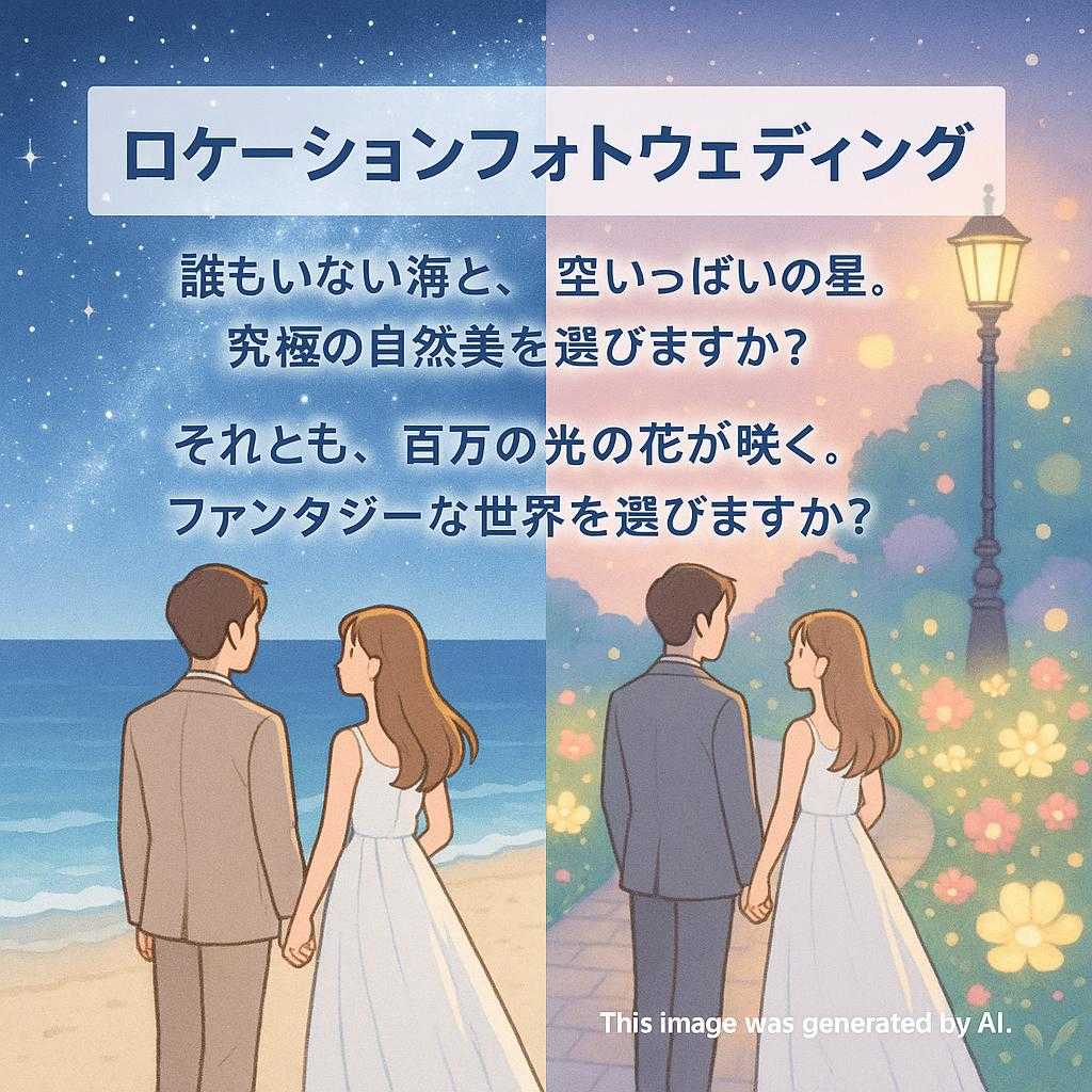 ロケーションフォトウェディング 誰もいない海と、空いっぱいの星。究極の自然美を選びますか？ それとも、百万の光の花が咲く。ファンタジーな世界を選びますか？