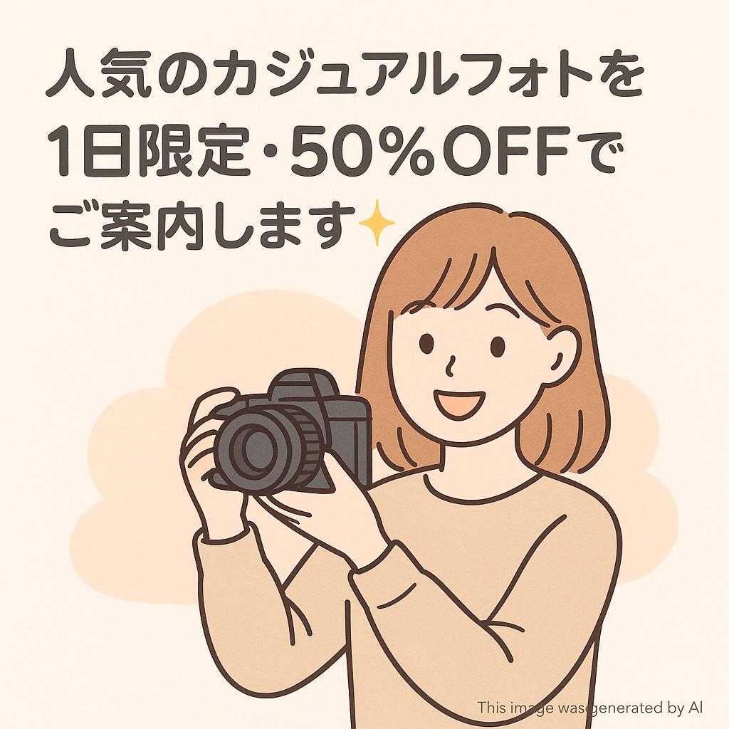 人気のカジュアルフォトを 1日限定・50％off でご案内します✨