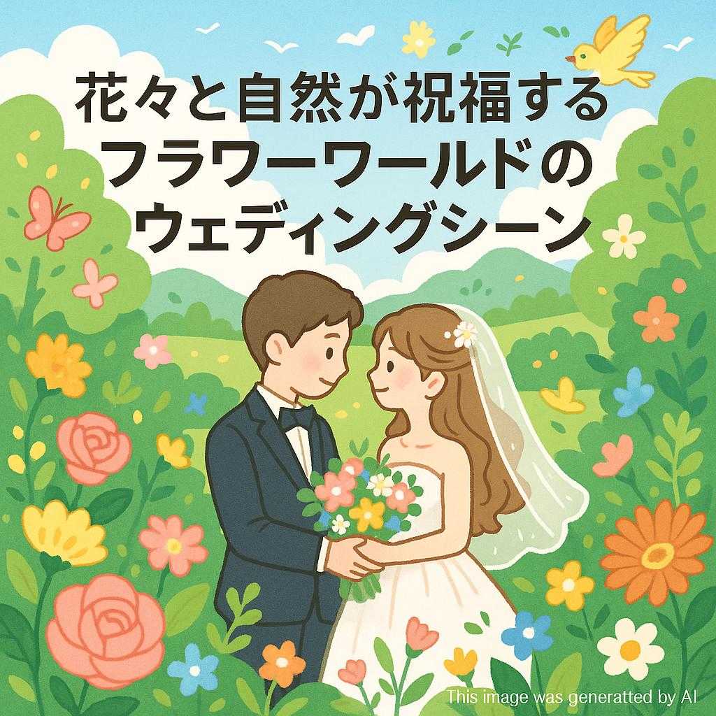 花々と自然が祝福するフラワーワールドのウェディングシーン