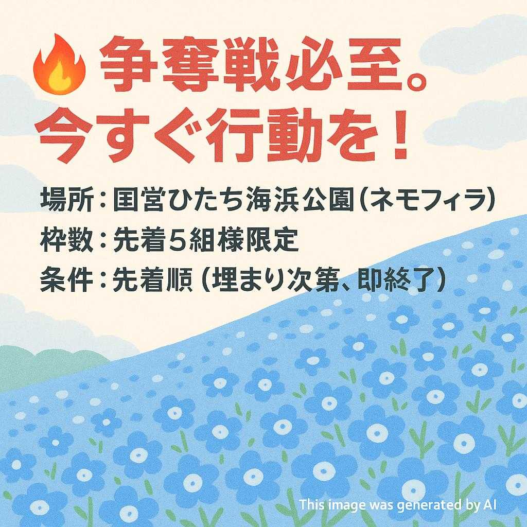 🔥 争奪戦必至。今すぐ行動を! 場所: 国営ひたち海浜公園(ネモフィラ) 枠数: 先着5組様限定 条件: 先着順(埋まり次第、即終了)