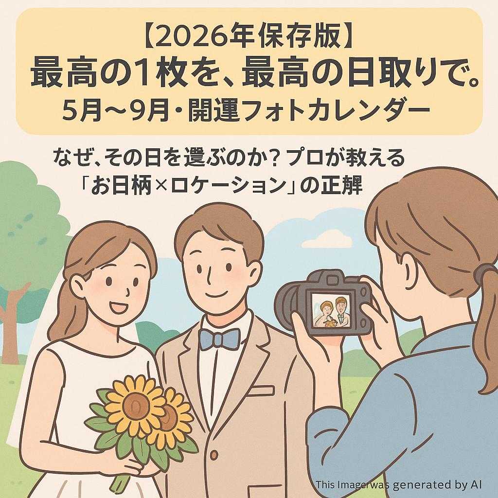 「【2026年保存版】最高の1枚を、最高の日取りで。5月〜9月・開運フォトカレンダー」  「なぜ、その日を選ぶのか？プロが教える『お日柄×ロケーション』の正解」