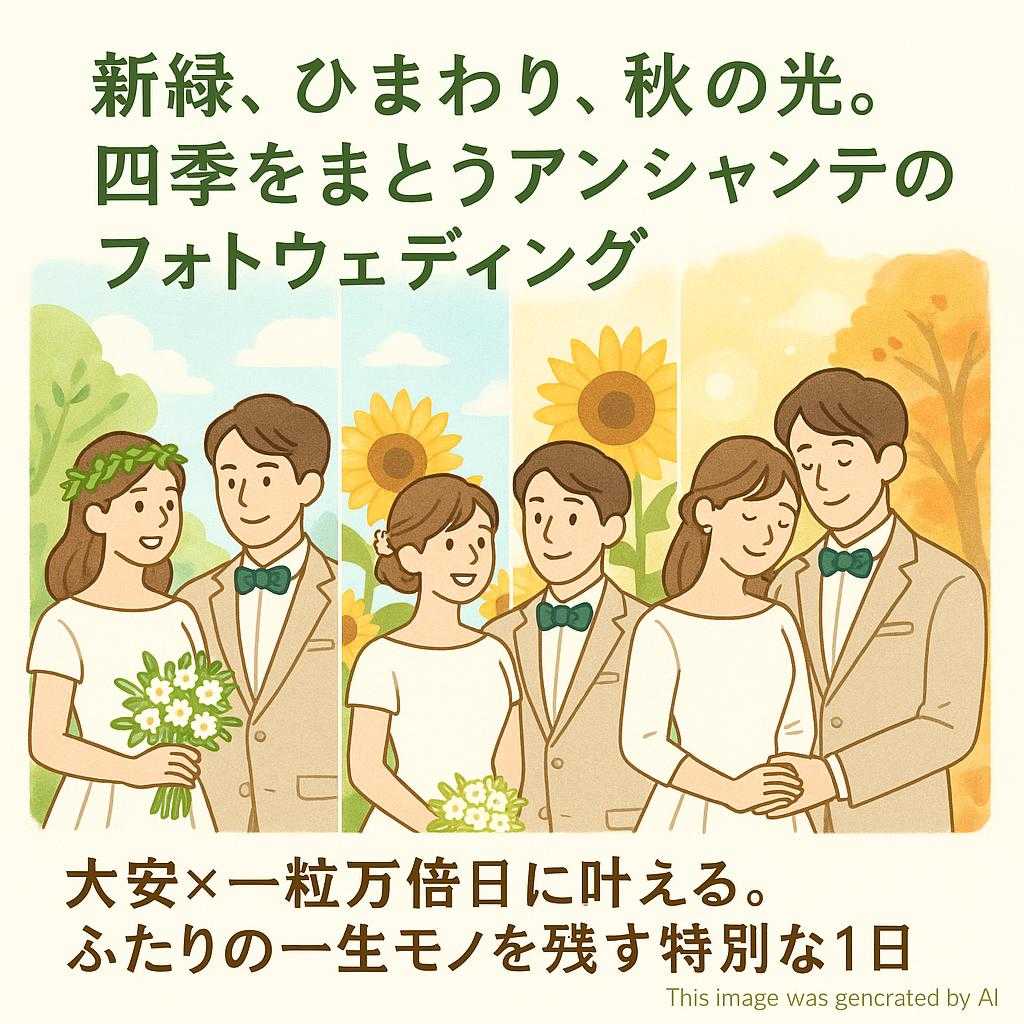 「新緑、ひまわり、秋の光。四季をまとうアンシャンテのフォトウェディング」 「大安×一粒万倍日に叶える。ふたりの一生モノを残す特別な1日」