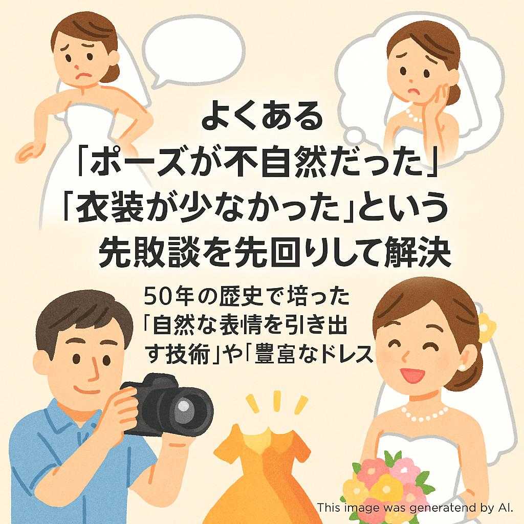 よくある「ポーズが不自然だった」「衣装が少なかった」という失敗談を先回りして解決。50年の歴史で培った「自然な表情を引き出す技術」や「豊富なドレス」
