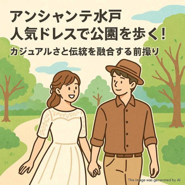 アンシャンテ水戸人気ドレスで公園を歩く！カジュアルさと伝統を融合する前撮り