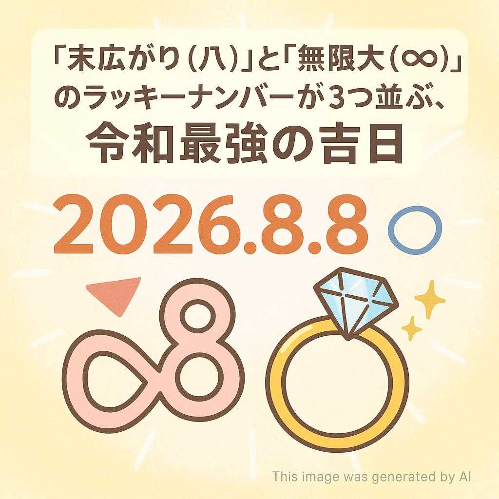 「末広がり（八）」と「無限大（∞）」のラッキーナンバーが3つ並ぶ、令和最強の吉日【2026.8.8】💍✨
