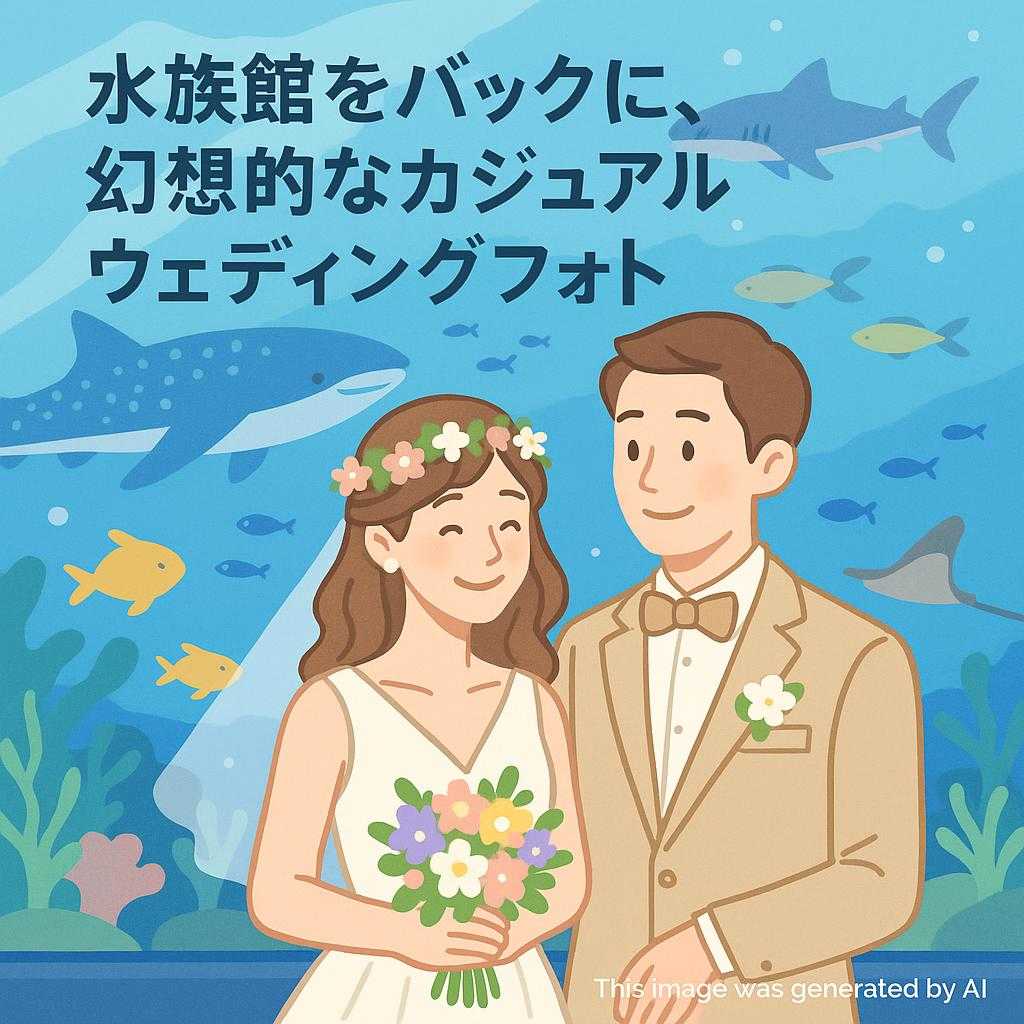 水族館をバックに、幻想的なカジュアルウェディングフォト