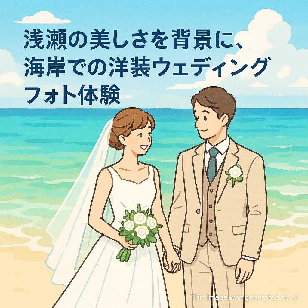 浅瀬の美しさを背景に、海岸での洋装ウェディングフォト体験