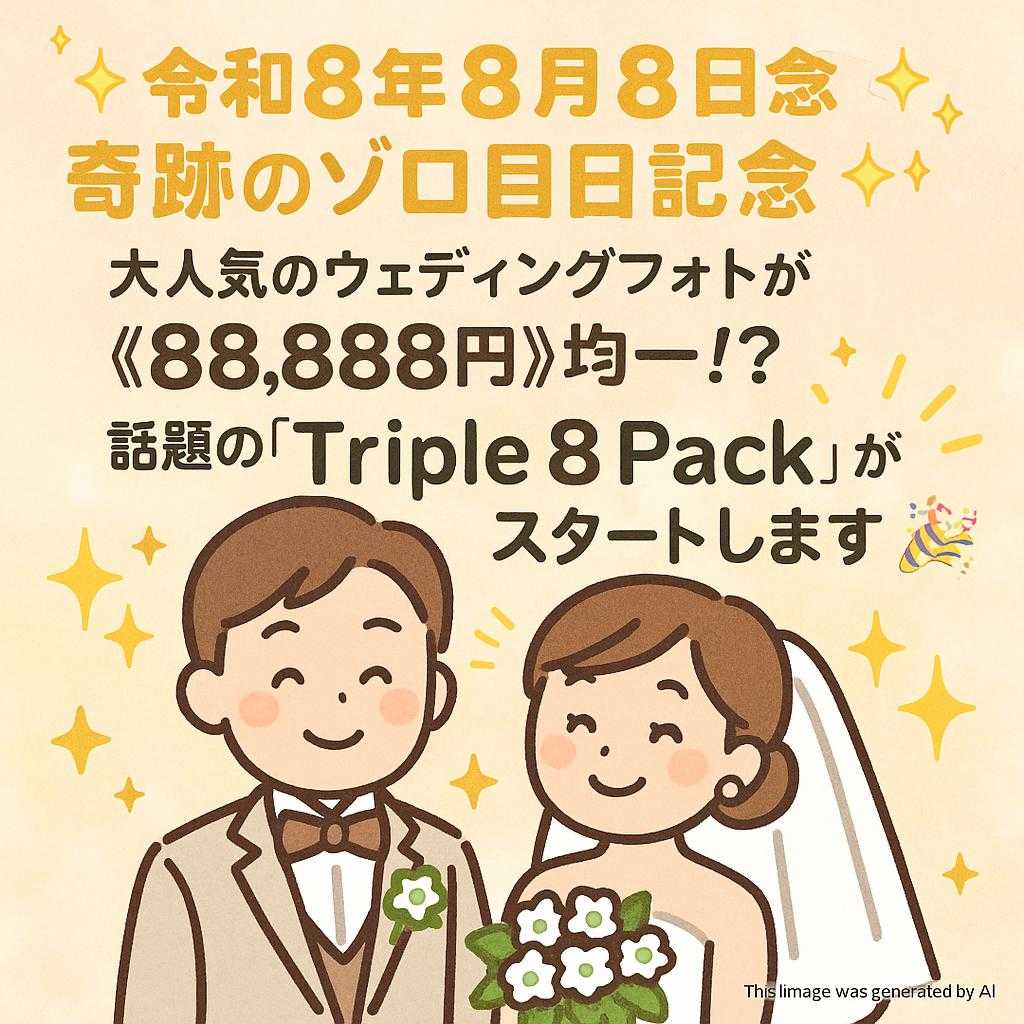 ✨【令和8年8月8日】奇跡のゾロ目日記念✨ 大人気のウェディングフォトが《88,888円》均一！？ 話題の『Triple 8 Pack』がスタートします👏🎉