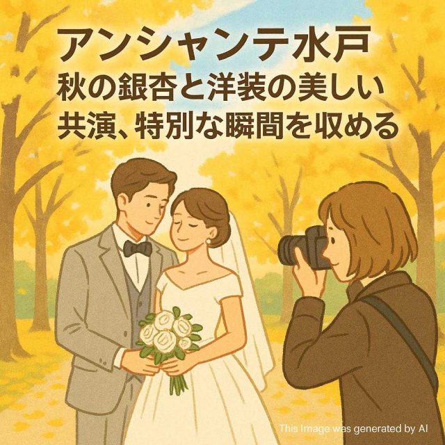 アンシャンテ水戸 秋の銀杏と洋装の美しい共演、特別な瞬間を写真に収める